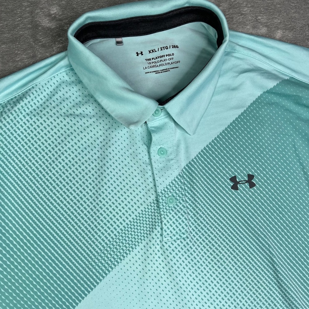 Under Armour Playoff 2.0 Polo Shirt Men 2XL Teal Blue Geometric AOP Golf Stretch